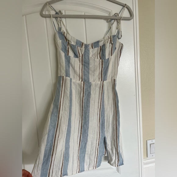Reformation blue white brown mini linen dress with bustier and tied straps - Picture 2 of 6